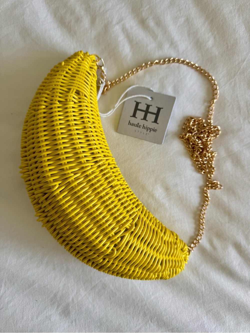 Haute Hippie Bright Yellow Woven Banana Crossbody with Gold Chain